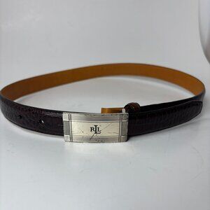 Ralph Lauren Brown Leather Belt Size S Textured Silver-tone Buckle RL Initials